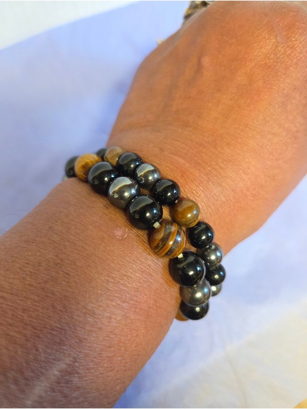 2 Unisex Triple Protection Gemstone Stretch Stack or Share Bracelets.